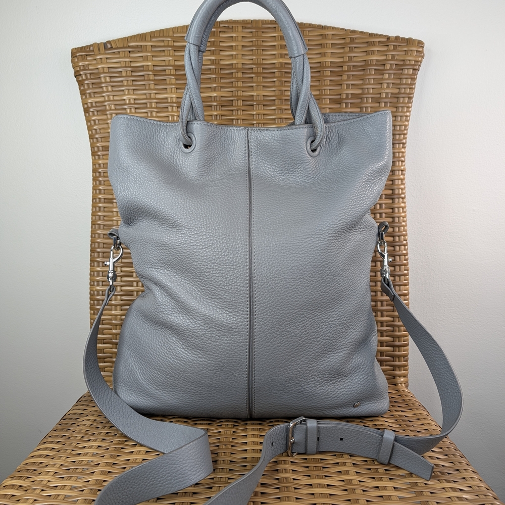 Halston Heritage Large Foldover Pebbled Leather Tote Shouder Bag Slate Gray